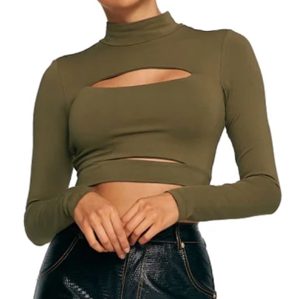 Tiger mist olive green long sleeve cut out top